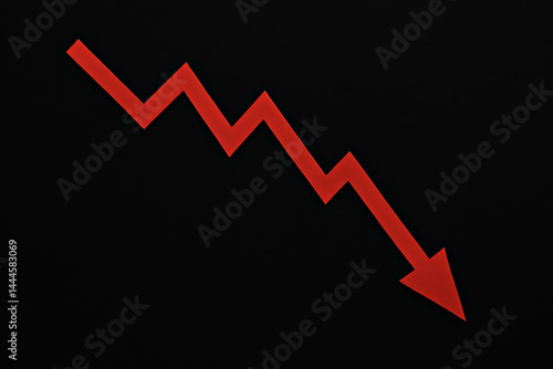 Bold red arrow pointing downward on black background, symbolizing stock market crash, financial loss or economic crisis. Ideal for economic news or analysis. Sharp red arrow downward trend