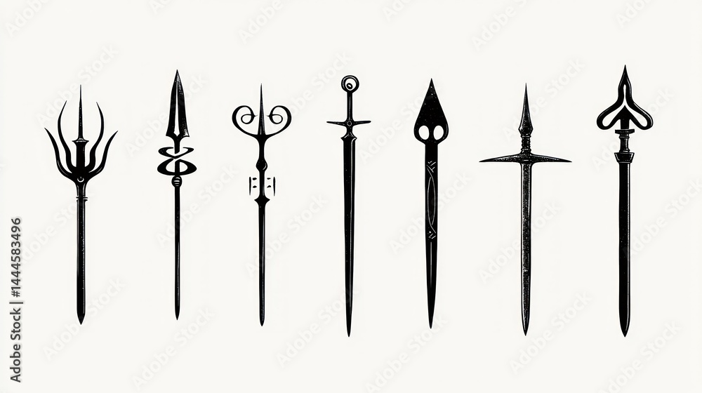 Different stylized weapon designs are displayed on a white background Different stylized weapon designs are displayed on a white background