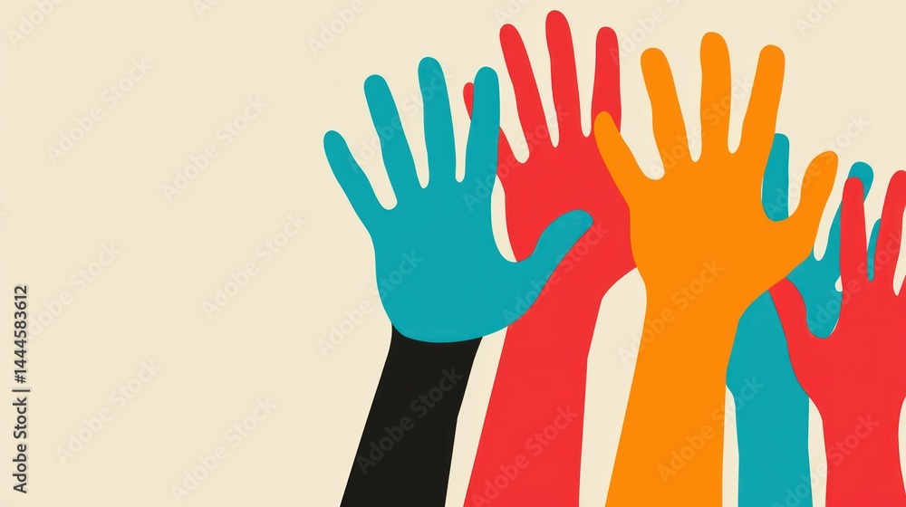 Fototapeta premium Colorful raised hands showing unity and a collaborative gesture