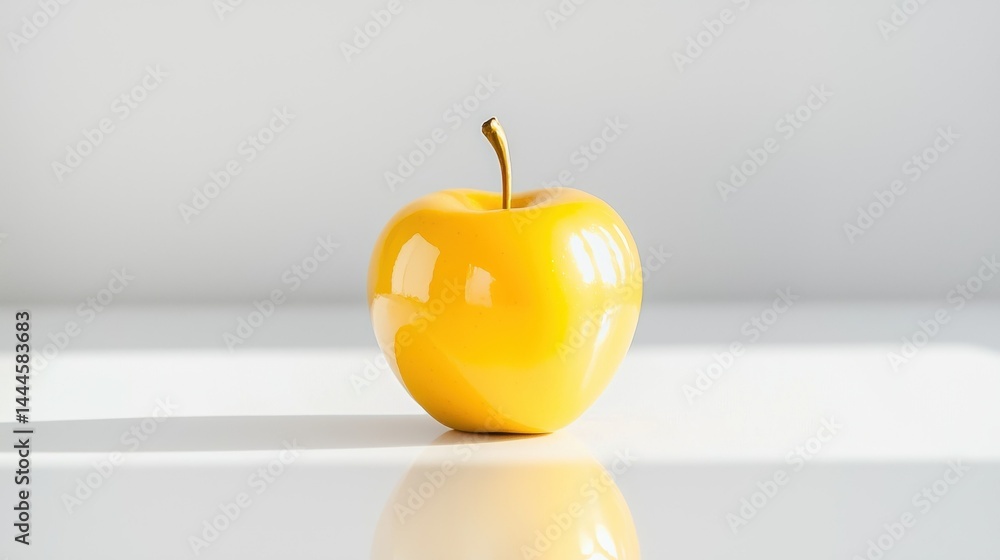 Obraz premium A bright yellow apple stands on a shiny reflective surface