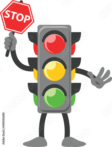 simple cartoon character traffic light red light is giving a signal with a sign to stop