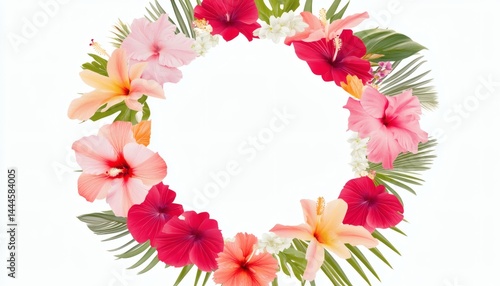 Vibrant floral wreath arrangement, a circle of blossoms and leaves.