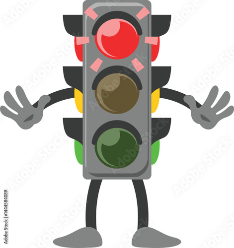 simple cartoon character traffic light red light is signaling with hand to stop