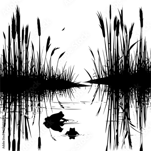  Swamp landscape silhouette with reeds and frog