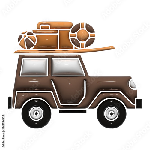 Car transport icon with suitcase and surfboard