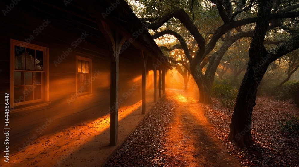 Obraz premium A Long Covered Porch Stands Alongside A Leafy Pathway
