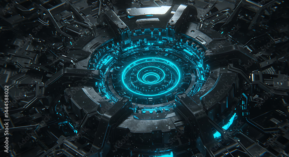 Fototapeta premium Cyberpunk Core: Glowing Teal Mechanisms in Dark Metallic Chassis