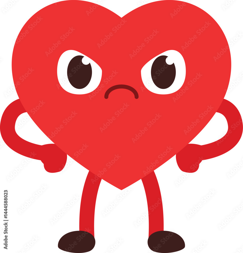 Fototapeta premium simple cartoon cute heart character is angry with both hands on the waist