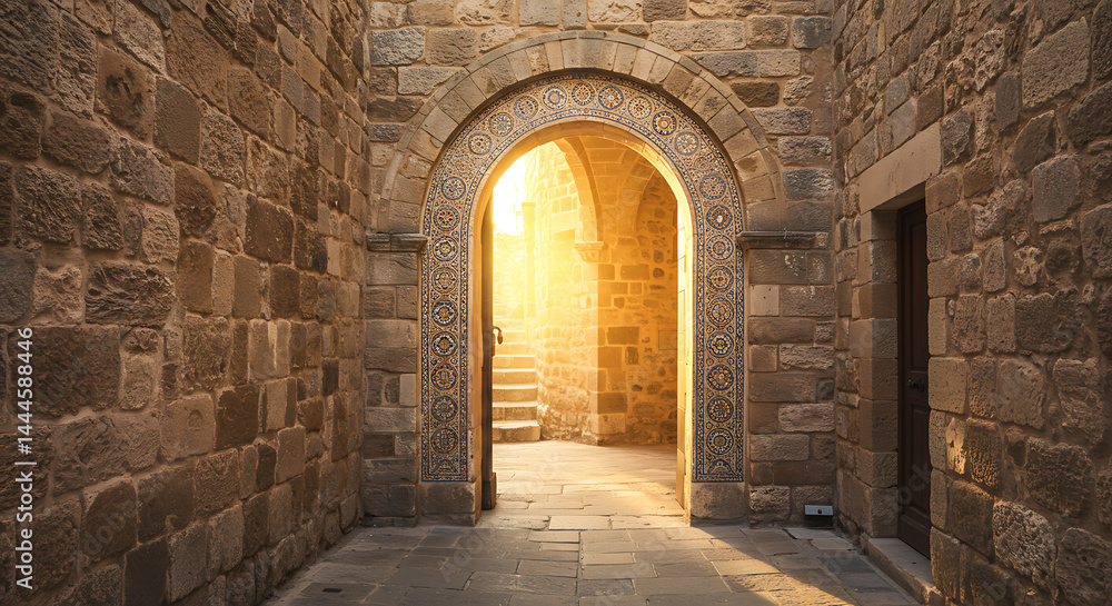 Fototapeta premium Golden Hour Light Through Ancient Stone Archway