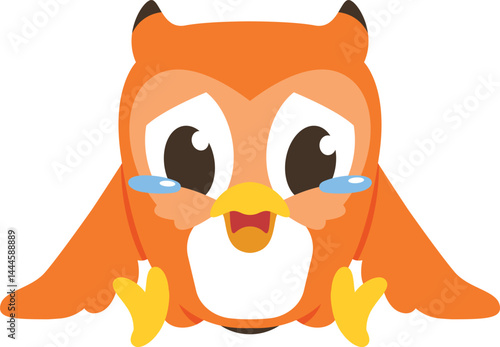 simple cartoon cute owl character is sad with both feet and hands on the ground