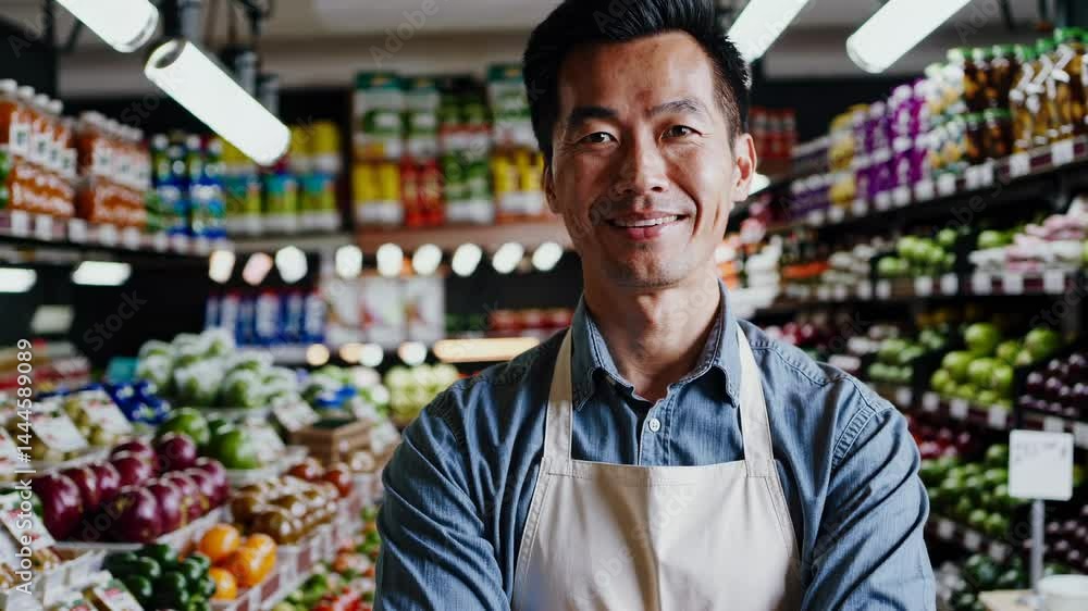A friendly grocery store owner in an apron smiles confidently at the camera. Eye-level angle captures the vibrant produce aisle. Perfect for a business video. A friendly grocery store owner in an apron smiles confidently at the camera. Eye-level angle captures the vibrant produce aisle. Perfect for a business video.