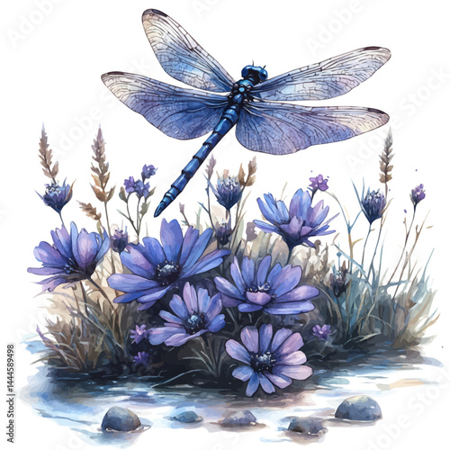 Dragonfly Flying Over A River, watercolor vector, isolated on a white background.