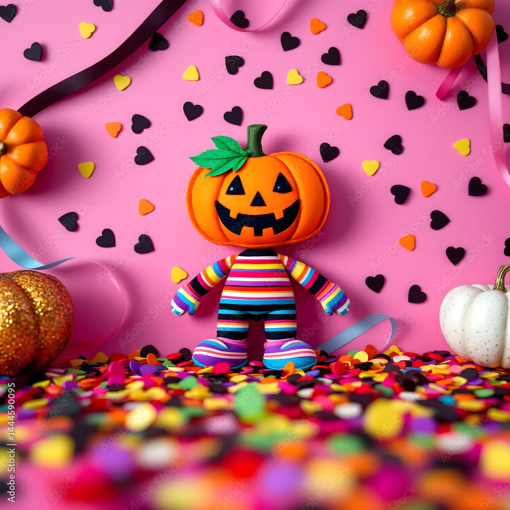 Fototapeta premium Cute Halloween Pumpkin Character on Pink Candy Background