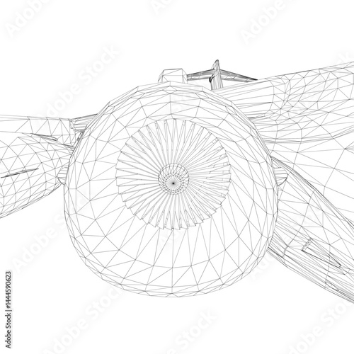 A plane with a large propeller on the side. The propeller is spinning and the plane is in motion
