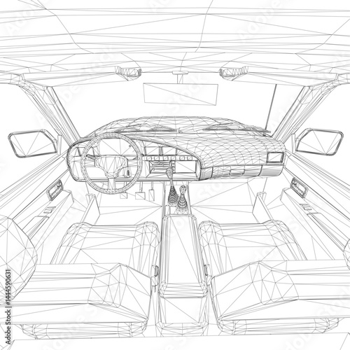 A drawing of a car interior with a steering wheel and a dashboard. The car is a white model with a black interior