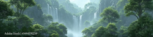 Serene Waterfalls Surrounded by Lush Green Forest Landscape