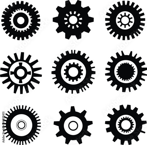 Set of Black Mechanical Gear Silhouettes Isolated on White Background