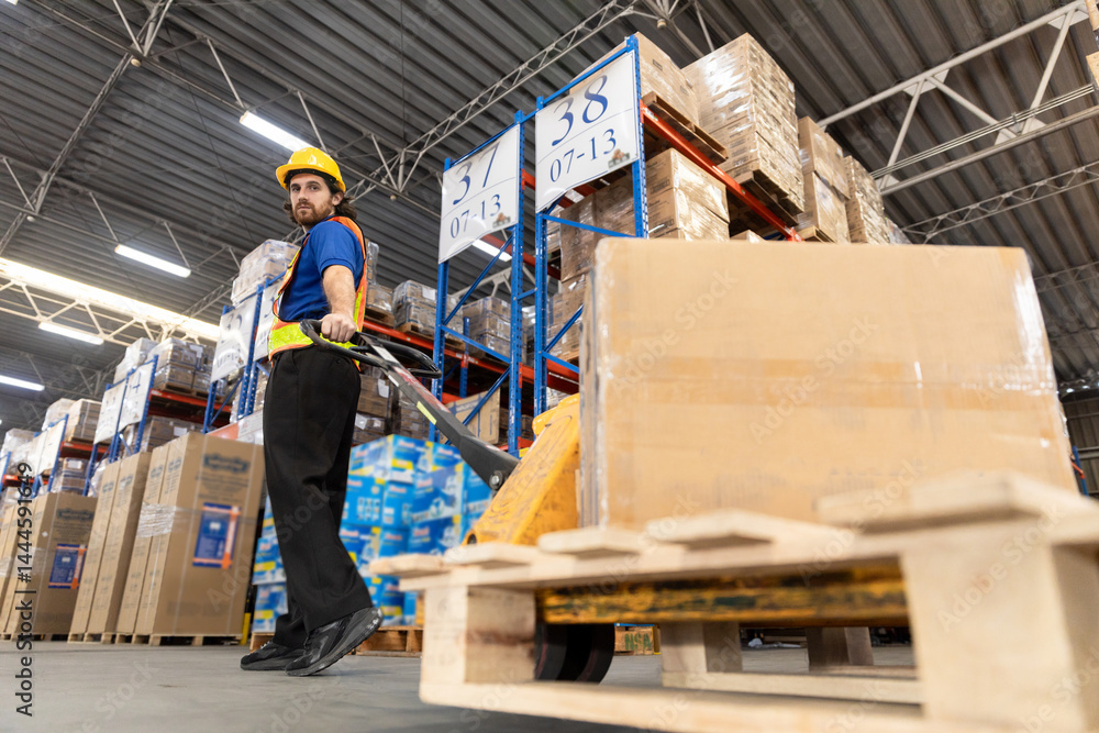 Man worker wear safety uniform push load cart goods to shelf in store. Company employees arrange products. Warehouse industrial stock storage. Man worker wear safety uniform push load cart goods to shelf in store. Company employees arrange products. Warehouse industrial stock storage.