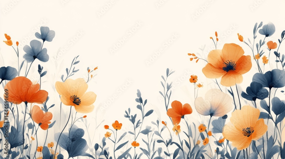 Delicate floral illustration with soft orange and blue hues. Delicate floral illustration with soft orange and blue hues.