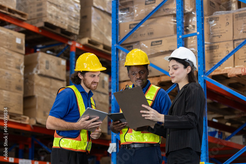 women supervisor recommend inspection and placement of goods to staff. Warehouse workers multi-ethnic discussing work checking inventory and consulting distribution product at storage department.
