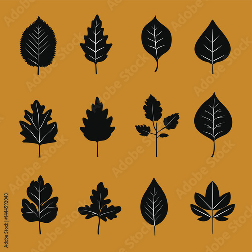 Black Silhouette Collection of Different Leaf Shapes on Yellow Background