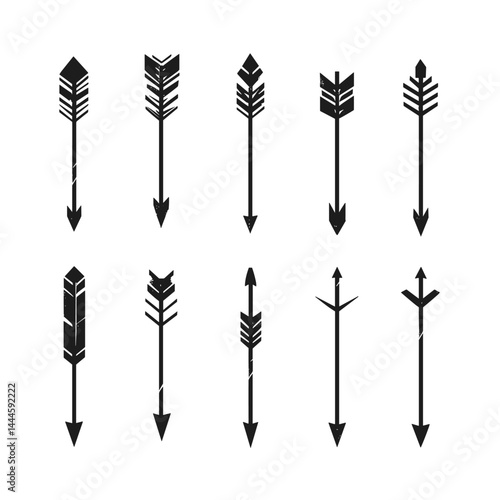 Set of Ten Black Arrow Icons with Different Feather Designs Isolated on White