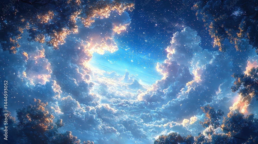 Serene sky filled with vibrant clouds and twinkling stars at twilight