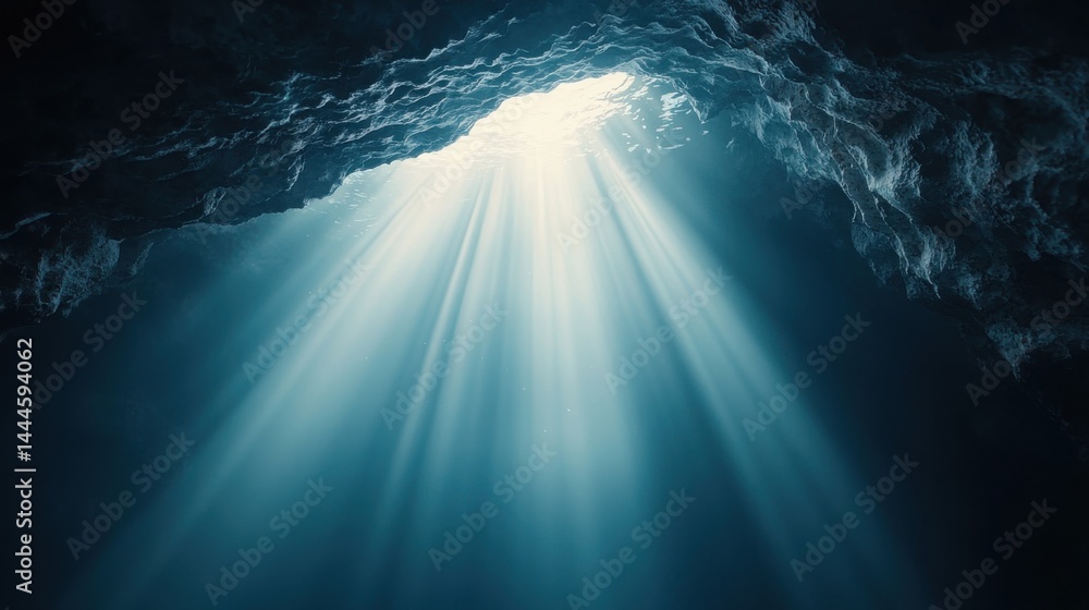 Fototapeta premium Sunlight streams through an underwater cave, illuminating the deep blue water and rocky ceiling above.