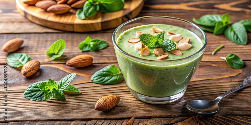 Fresh banana and spinach blended in a glass of almond milk with ice cubes and topped with sliced almonds and fresh mint leaves on a wooden table, smoothie bowl, wellness Fresh banana and spinach blended in a glass of almond milk with ice cubes and topped with sliced almonds and fresh mint leaves on a wooden table, smoothie bowl, wellness