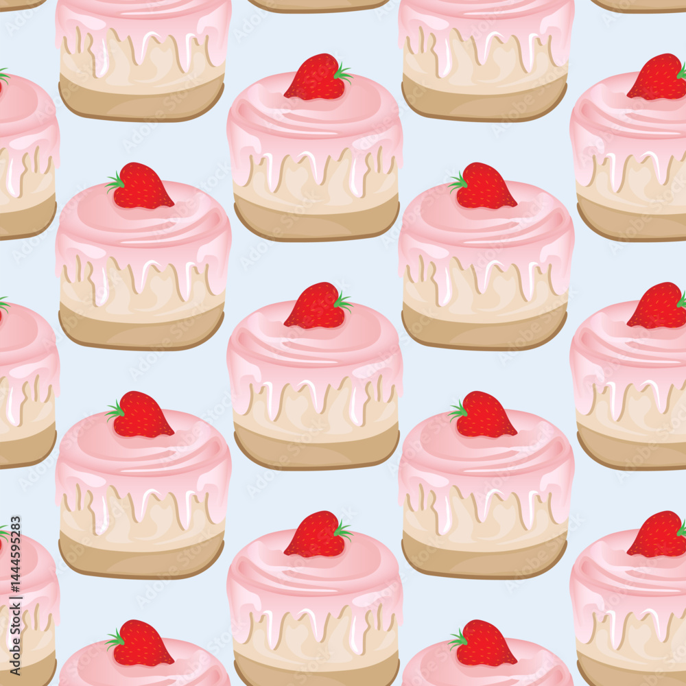 Seamless pattern for kitchen decor and more. Delicious cupcake with whipped cream and strawberry. Vector cartoon illustration of sweet food. Seamless pattern for kitchen decor and more. Delicious cupcake with whipped cream and strawberry. Vector cartoon illustration of sweet food.