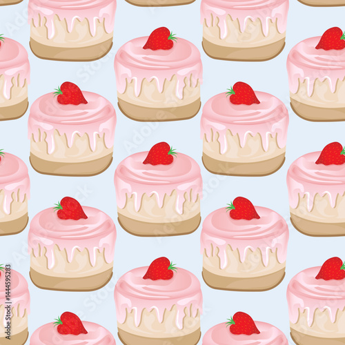 Seamless pattern for kitchen decor and more. Delicious cupcake with whipped cream and strawberry. Vector cartoon illustration of sweet food.
