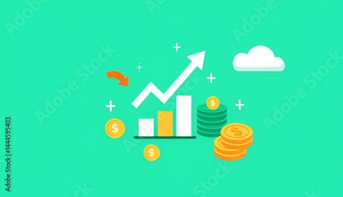 Digital financial growth graph showing upward trend with coins stacking and arrows symbolizing business success and prosperity