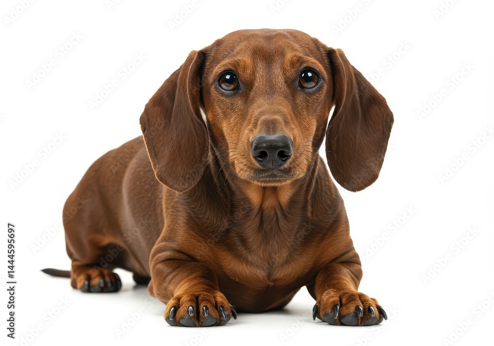 A dachshund dog with brown fur lying down and looking directly at the camera on a white background A dachshund dog with brown fur lying down and looking directly at the camera on a white background