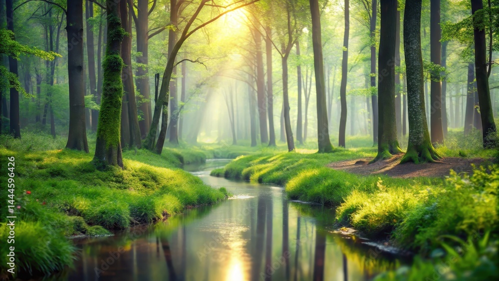 Misty forest with blurred trees in the background, a small stream runs through the center, natural green background, bokeh glare Misty forest with blurred trees in the background, a small stream runs through the center, natural green background, bokeh glare