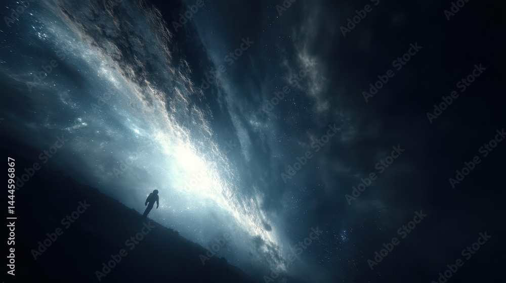 Dramatic silhouette figure ascends through vast cosmic clouds. Dramatic silhouette figure ascends through vast cosmic clouds.