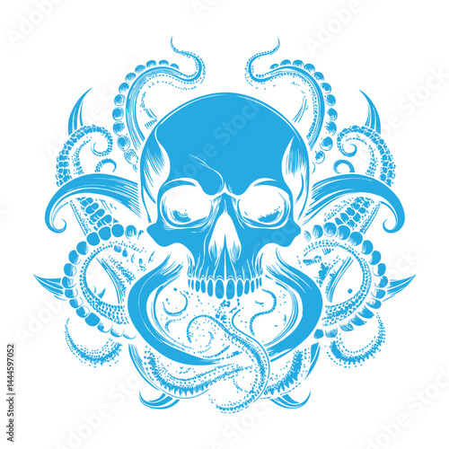 Mysterious Blue Skull with Tentacles – Unique and Intricate Vector Art.