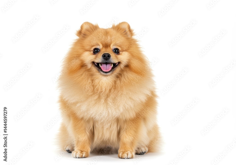 A fluffy pomeranian dog sitting and smiling with its tongue out on a white background in studio shot A fluffy pomeranian dog sitting and smiling with its tongue out on a white background in studio shot