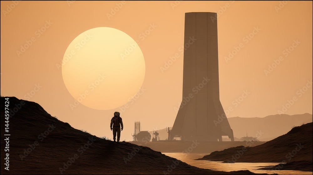 Fototapeta premium Silhouette figure on alien landscape at sunset.