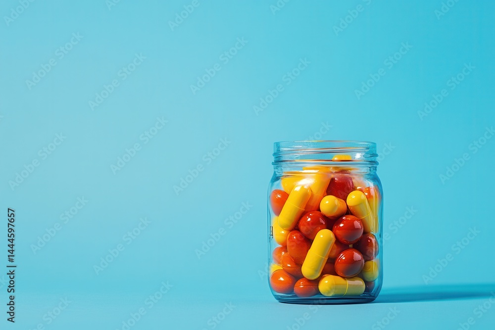 Jar of colorful capsules and pills, a vibrant collection of healthcare items against a clean, minimalistic backdrop. Jar of colorful capsules and pills, a vibrant collection of healthcare items against a clean, minimalistic backdrop.