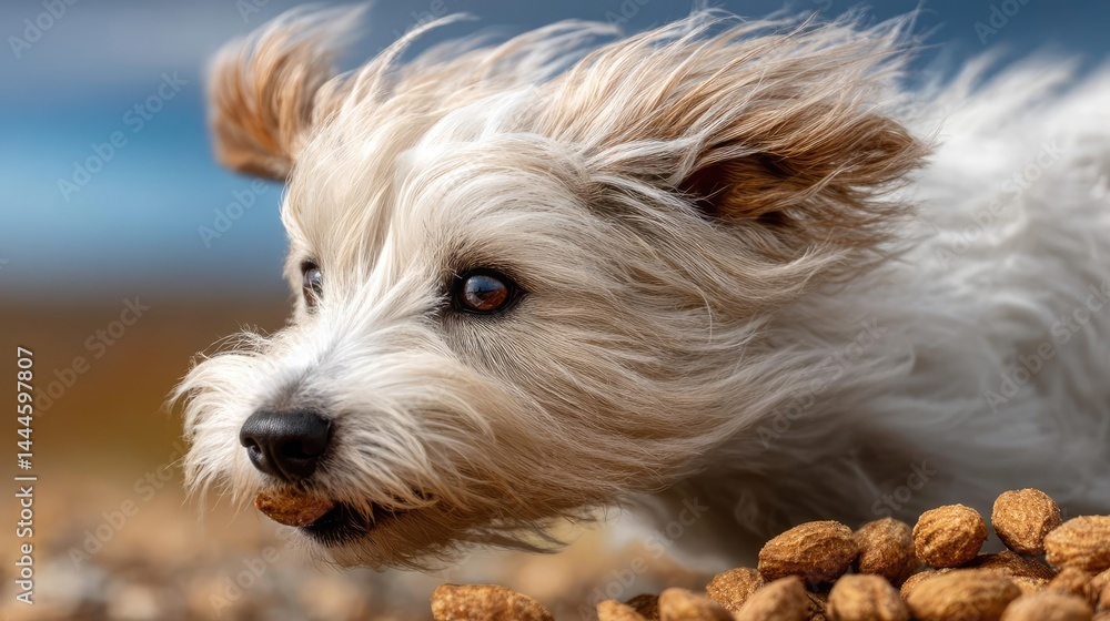 Puppy jumping up to catch cute animal dry food concept. A playful dog enjoying a snack in a serene outdoor setting. Puppy jumping up to catch cute animal dry food concept. A playful dog enjoying a snack in a serene outdoor setting.