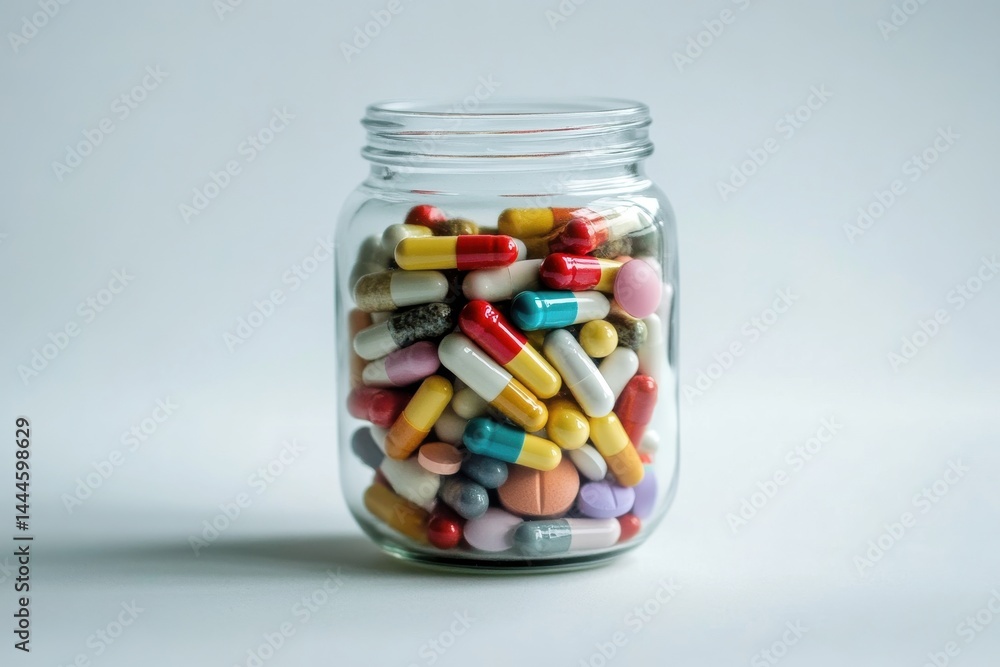 Glass jar filled with a colorful array of medicinal pills and capsules, symbolizing health, treatment, and the importance of medication management. Glass jar filled with a colorful array of medicinal pills and capsules, symbolizing health, treatment, and the importance of medication management.