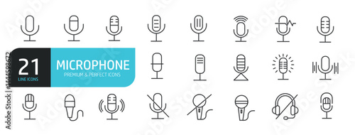 Set of line icons related to microphone, audio, podcast. Outline icons collection. Editable stroke. Vector illustration