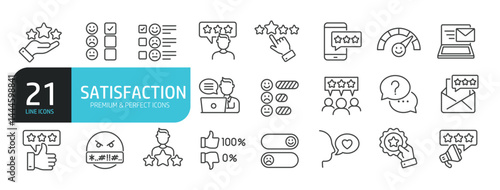 Set of line icons related to satisfaction, feedback, testimonial review,. Outline icons collection. Editable stroke. Vector illustration