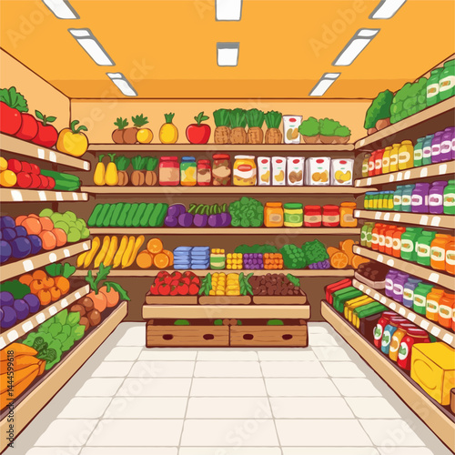  Cartoon Grocery Store Aisle with Colorful Fruits, Vegetables, and Packaged Goods