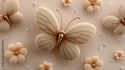 Elegant Beige Butterflies and Flowers A Delicate 3D Rendered Design