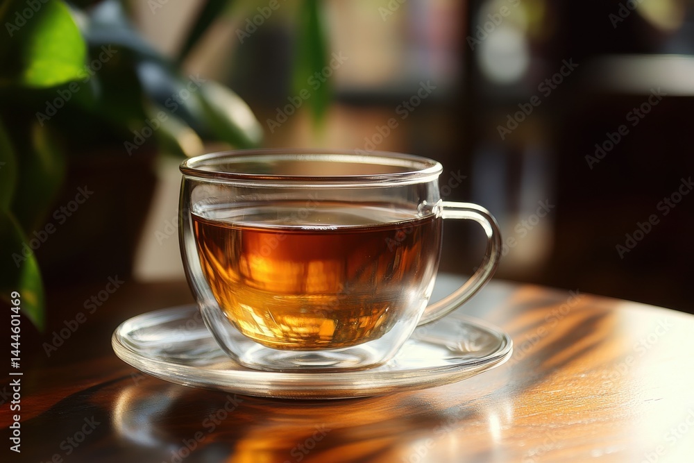 A clear teacup filled with amber liquid sits atop a saucer on a wooden table, illuminated by sunlight streaming through a nearby window. A clear teacup filled with amber liquid sits atop a saucer on a wooden table, illuminated by sunlight streaming through a nearby window.