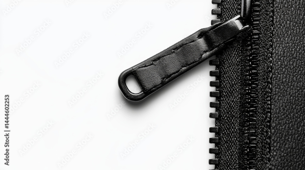 A black zipper partially unzipped on a stark white background A black zipper partially unzipped on a stark white background