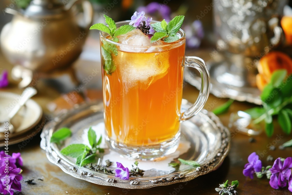 Iced tea garnished with mint and flowers. Refreshing and visually appealing, perfect for a hot summer day. Tea time indulgence. Iced tea garnished with mint and flowers. Refreshing and visually appealing, perfect for a hot summer day. Tea time indulgence.