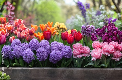 Wallpaper Mural Vibrant flowerbed with tulips, hyacinths, and other blooms in a mix of colors, including reds, oranges, pinks, purples, and yellows  A beautiful display of spring flowers in a garden setting Torontodigital.ca