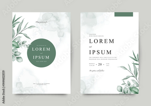 Minimalist wedding invitation card template in green leaves decoration